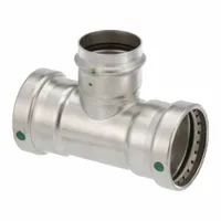 This VIEGA PROPRESS crimp tee fitting is used in potable water systems to create branch connections in stainless steel piping. It features a rubber seal and is designed for press-connect installation, enabling fast, leak-proof joints without soldering or threading. The fitting has CTS sizes of 2-1/2 in x 2-1/2 in x 2 in