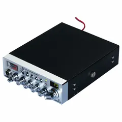 This vehicle-mounted CB radio operates across the 26.965 to 27.405 MHz frequency range, covering all 40 CB channels. It features a 4-pin microphone connector with a 9 ft cord. Suitable for short-distance two-way voice communication in mobile applications such as highway travel and off-road use.