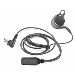 This earpiece with microphone features an ear hook and push-to-talk button for hands-free two-way radio communication. It has a single wire and a black finish. Typical applications include security, event coordination, and industrial team communication.
