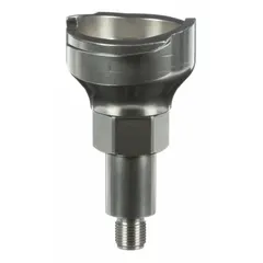 This stainless steel S22 adapter connects PPS series disposable cups to spray guns. It features an M8x0.75 thread size and is used in painting applications for consistent fluid delivery.