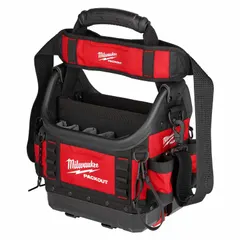 Polyester tool tote in black/red with 25 inside pockets and a removable shoulder strap. Dimensions: 9 3/4 in W x 13 in D x 19 in H. Designed for carrying and organizing hand tools and accessories on job sites.