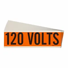 Self-stick vinyl label for marking conduits and electrical equipment. Legend reads '120 Volts'. Style A label measures 9 in wide by 2 1/4 in high. Pack of 25.