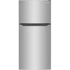 Top-freezer refrigerator with 20 cu ft total capacity, silver stainless steel exterior, and glass shelves. Features automatic defrost and a swing door. Operates on 115V AC with a 3-prong plug. Suitable for residential kitchen use for storing fresh and frozen food.