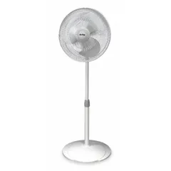 This oscillating pedestal fan from AIR KING is designed for home and office use. It features a steel guard, three-speed settings, and a plug-in power source at 120V AC. The fan stands 53 1/4 inches tall and oscillates to distribute airflow across a room. No remote control is included.