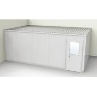 This 2-wall unassembled in-plant office measures 20 ft by 12 ft with an 8 ft ceiling height. It features steel construction with gray vinyl-covered drywall panels and is rated STC 31 for sound isolation. Suitable for creating quiet workspaces within industrial facilities, such as supervisory stations, break rooms, or meeting areas