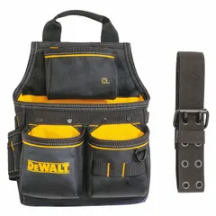 Polyester tool pouch in black/yellow with 13 pockets for tape measures and small tools. Features a buckle closure and belt slot attachment for 2 1/2-inch belts. Suitable for construction, maintenance, and industrial environments requiring quick tool access.