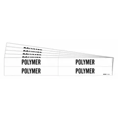 White polymer adhesive pipe markers with black legend text, designed to identify pipe contents in industrial facilities. Each pack contains 5 sets of 4 markers, fitting pipe outer diameters from 3/4 to 2-3/8 inches. Markers are supplied without arrows.