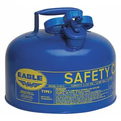 This 2-gallon Type I safety can is constructed from powder-coated steel in blue, designed for the safe handling and storage of kerosene. It is suitable for use in industrial settings where flammable liquids are stored or transferred, helping to reduce spill and fire risks.