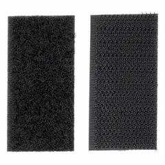 Pre-cut hook-and-loop strip with pressure-sensitive adhesive backing for temporary or permanent fastening. Nylon construction in black, measuring 2 inches long by 1 inch wide. Suitable for cable management, panel mounting, and light-duty bundling in industrial assembly and material handling applications.