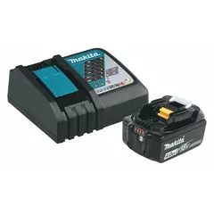 This kit includes one 18V DC LXT battery with 4 Ah capacity and a charger. The battery features a tabbed design for secure connection. It powers cordless tools such as drills, saws, and impact drivers for construction, woodworking, and maintenance tasks.