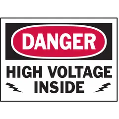 Polyester adhesive signs warning of high voltage inside. Nominal size 3 1/2 in x 5 in, 0.01 in thick. Pack of 5. Adhesive mounting, not retroreflective, not glow-in-the-dark, no anti-slip surface. Used to mark electrical enclosures, panels, or rooms.