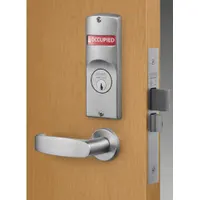 Chrome-finished lever trim for exit push bars, suitable for doors up to 48 inches wide. Features an indicator-style exit device and is ADA compliant. Not ligature-resistant