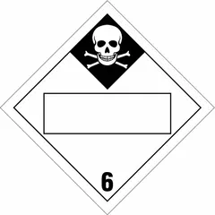 Class 6 placard for identifying toxic, poison inhalation, and infectious substances during transport and storage. Measures 10 3/4 in x 10 3/4 in with a label height and width of 10 3/4 in. Displays the message '6' for hazardous material identification.