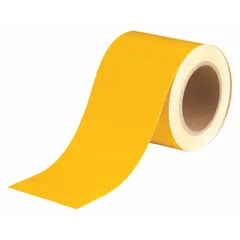Yellow vinyl solid-color banding tape for pipe identification. Non-reflective, 4 inches wide by 90 feet long (1,080 inches total). Used for color-coding pipes in industrial facilities to indicate contents and flow direction.