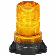 This FEDERAL SIGNAL beacon is an amber LED warning light with a round shape and 5 3/16 in overall height. It operates on 12-110V DC, provides one flash pattern, and includes an installation kit with wire leads. Rated SAE Class 2, it is used for low-speed warning on service trucks, construction equipment, and other vehicles.
