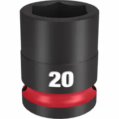 This 1/2" drive impact socket features a 20 mm metric, 6-point configuration for use with impact tools. The black phosphate finish provides corrosion resistance. Commonly used in automotive repair, heavy equipment maintenance, and industrial assembly for fastening and loosening hex fasteners.