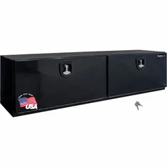 Double drop-down door topside box with 96-inch overall width, gloss black finish, and keyed lock. Designed for secure storage of tools and equipment on full-size truck beds.