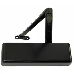 Grade 1 heavy duty top frame-mount door closer for interior/exterior use. Bronze finish, 12 1/4 in length, 2 1/4 in width. Non-hold open type with regular arm and adjustable spring size 6. ADA compliant. Suitable for controlling door closing speed and force on heavy commercial doors.