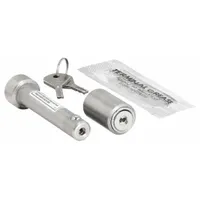 This REESE receiver lock is constructed from stainless steel and includes two keys. It is designed as a universal lock for Class IV hitches, securing the receiver against unauthorized removal of the drawbar or accessories
