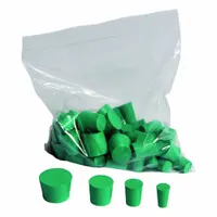 Green neoprene rubber stopper for sealing laboratory flasks, test tubes, and glassware. Autoclavable for sterilization. Solid (0 holes), overall height 25 mm, available in sizes 00 to 7