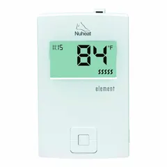 This push-button thermostat controls electric radiant floor heating systems. It operates at 120/240V AC and has a control range of 41° to 104°F. Suitable for maintaining floor surface temperature in residential and commercial spaces.