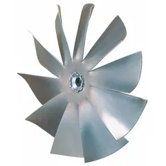 Aluminum fan blade with 10 blades and a 2-inch diameter. Designed for use in HVAC and refrigeration equipment to move air across coils or heat exchangers. Suitable for condenser fans, unit coolers, and ventilation applications.