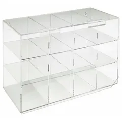 Clear acrylic case with 12 compartments for storing and organizing up to 12 pairs of eyewear. Overall dimensions: 15 5/8 in wide by 11 1/2 in high. Suitable for wall mounting in industrial facilities, workshops, and laboratories to keep safety glasses accessible and protected.