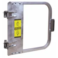 Railing-mounted single-door gate made of aluminum, designed for openings 31 3/4 in to 35 1/2 in wide. Unfinished silver finish allows for field painting or powder coating. Does not include a lock. Suitable for securing access to platforms, mezzanines, or stairways in industrial or commercial settings