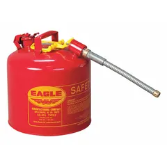 This 5-gallon Type II safety can is designed for the storage and dispensing of flammable liquids. It includes a 5/8 in OD hose for controlled pouring, reducing spill and fire risk. The red finish indicates its use with flammables. Suitable for industrial environments requiring safe handling of combustible liquids.