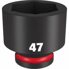 This 3/4" drive impact socket features a 47 mm metric, 6-point configuration for use with impact wrenches. The black phosphate finish provides corrosion resistance. Suitable for heavy-duty fastening and loosening of large bolts and nuts in industrial maintenance, construction, and automotive repair.