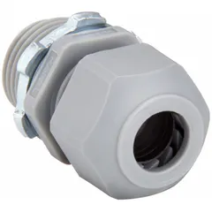 Straight cable grip with 1/2 in MNPT box connection, accommodating cord diameters from 0.17 in to 0.45 in. Gray nylon body rated IP66 for dust and water ingress protection. Used to seal and strain-relieve electrical cables entering junction boxes or enclosures in industrial environments.
