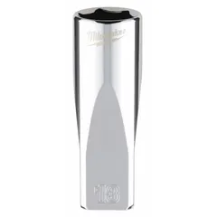 This 6-point deep socket is designed for use with 1/4 in drive tools. The 13 mm size fits metric hex fasteners. Chrome construction resists corrosion. The anti-roll geometry prevents the socket from rolling on flat surfaces. Typical applications include automotive repair and machinery assembly where a deep socket is needed to reach recessed nuts or bolts.