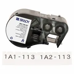 Continuous wraparound label roll cartridge for wire and cable identification. Vinyl white matte material, 3/4 in x 25 ft, suitable for 20 AWG to 8 AWG wire gauge. Compatible with M410 printer series, requires R4300 ribbon.