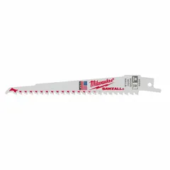 Set of five reciprocating saw blades for cutting nail-embedded wood. Each blade is 6 inches long and 0.05 inches thick with 5 teeth per inch. Rigid construction enables straight cuts in demolition applications such as removing studs, framing, or pallets.