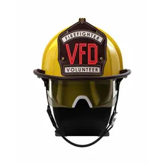 This fire and rescue helmet features a fiberglass shell in yellow with a traditional rear brim design. It includes a chin strap and a 6 Point Sure Lock(R) Ratchet suspension system. Suitable for structural firefighting and emergency response scenarios.