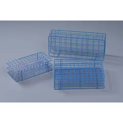 This steel test tube rack is designed for benchtop use, providing 40 compartments to hold up to 40 test tubes securely. The blue finish and compact dimensions (4 1/4 in wide, 3 1/4 in high) make it suitable for organizing tubes in laboratory, research, or educational settings.
