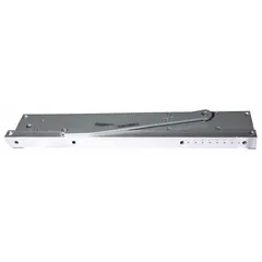 This Grade 1 heavy duty concealed-mount door closer is constructed of aluminum and features a track arm with adjustable spring size 5. It is non-hold open type, suitable for interior or exterior use, and ADA compliant. Dimensions: 22 1/2 in length, 3 3/4 in width.