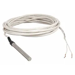 Hardwired temperature sensor with metal conduit box housing and strap mount for surface mounting on pipes or ducts. Measures from 32°F to 158°F with ±0.34°F accuracy. Compatible with building automation systems for HVAC control and energy management.