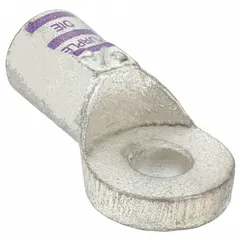 This crimpable side terminal lug is designed for terminating 3/0 gauge wire to a 3/8 inch stud. It features a tin-plated contact material for corrosion resistance and supports both crimp and solder termination. The purple color coding aids in quick gauge identification. Typical applications include battery connections, industrial electrical panels, and switchgear.