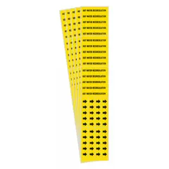 Adhesive pipe marker with yellow background and black legend reading 'Hot Water Recirculation', including directional arrows. Designed for pipe outer diameters of 3/4 inch and smaller. Pack of 5 markers for identifying hot water recirculation lines in facility piping systems.