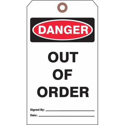 SEE ALL INDUSTRIES Tag: Danger, 4 in Wd, 7 in Ht, White, Rectangle, Cardstock, Indoor, 0.01 in Label Thick - Safety