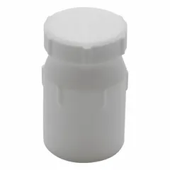 This 100 mL PTFE wide mouth round lab bottle features a colorless body and includes a closure. The wide mouth design facilitates easy filling, pouring, and cleaning. PTFE construction provides broad chemical resistance for handling aggressive substances in laboratory settings.