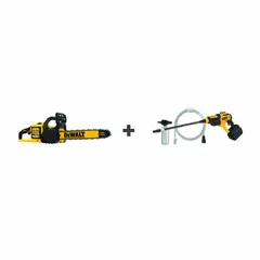 This combination kit includes a chainsaw for cutting branches and pruning trees, and a power cleaner for washing decks, driveways, and equipment. It operates on a 20V MAX* battery system and comes with one 9.0 Ah battery. Suitable for outdoor maintenance tasks such as limbing, bucking, and surface cleaning.