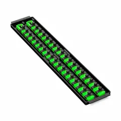 Socket tray with 36 clips for organizing sockets. Overall width 3-5/8 inches. Green color. Suitable for use in workshops, garages, and maintenance areas to keep sockets sorted and accessible.