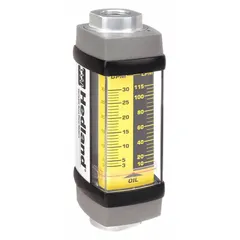 This HEDLAND flowmeter is an inline variable-area meter for petroleum fluids, with a scale display and universal mounting orientation. It offers +/-2% accuracy, Viton seals and O-rings, and measures flow in liters. Suitable for hydraulic oil and lubricant flow measurement in industrial fluid power systems and lubrication circuits.