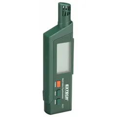 Handheld psychrometer for measuring temperature and humidity. Calculates heat index for assessing heat stress. Dimensions: 5.5 x 1.4 x 0.7 in. Operating range: -4°F to 122°F. Battery not included.