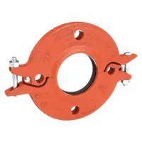This 2-inch grooved pipe flange is constructed of ductile iron with an EPDM seal, rated for a maximum operating pressure of 300 psi and an overall length of 8 3/8 inches. It is used to connect grooved-end pipes in mechanical piping systems, providing a leak-resistant joint for water and mild chemical service