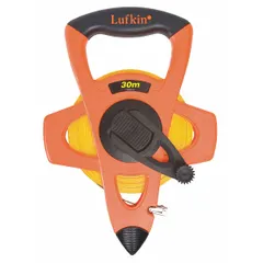 Manual open-reel long tape measure with a 150 ft fiberglass blade. Single-sided SAE/Engineers scale graduated in 1/100 ft increments. Features a nonmagnetic single hook end and a plastic case with grip. Suitable for measuring distances in construction, surveying, and engineering layout tasks.