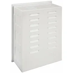 This steel thermostat guard features a hinged cover with lock and key, providing secure protection for wall-mounted thermostats. The solid base and single-wall construction offer durability, while the off-white finish blends with standard interior environments. Inside dimensions are 8-5/8 in H x 6-3/4 in W x 3 in D; outside dimensions are 9-3/16 in H x 7-1/4 in W x 3-5/16 in D.