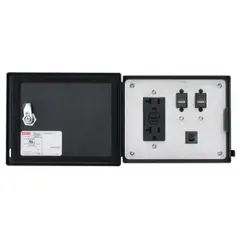 This USB panel interface combines a 120V GFCI receptacle with two USB Type A ports for power and data connectivity. The polycarbonate construction and IP66 rating allow installation in industrial enclosures and control cabinets where protection against dust and water ingress is required. The 5 A reset feature provides overcurrent protection for connected devices.